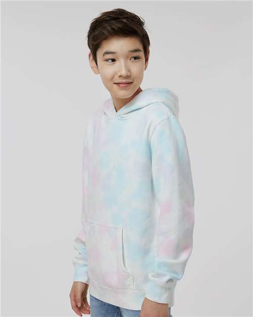Independent Trading Co. PRM1500TD Youth Midweight Tie-Dyed Hooded Sweatshirt - Tie Dye Cotton Candy - model side