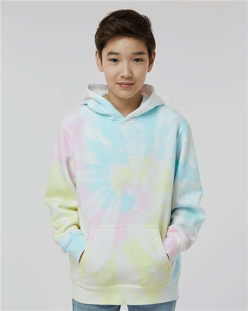 Independent Trading Co. PRM1500TD Youth Midweight Tie-Dyed Hooded Sweatshirt - Tie Dye Sunset Swirl - model front