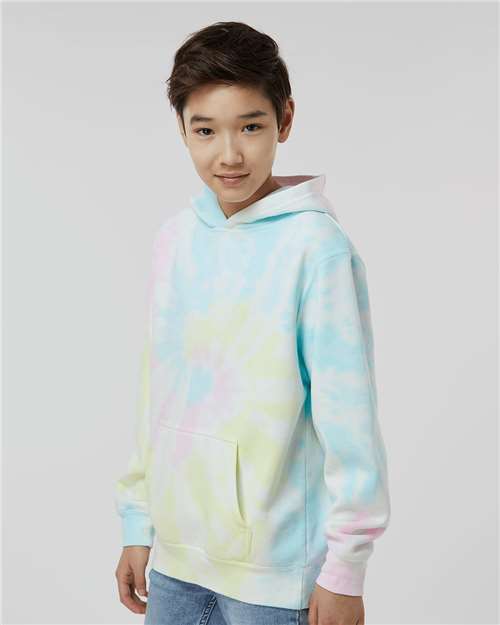 Independent Trading Co. PRM1500TD Youth Midweight Tie-Dyed Hooded Sweatshirt - Tie Dye Sunset Swirl - model side