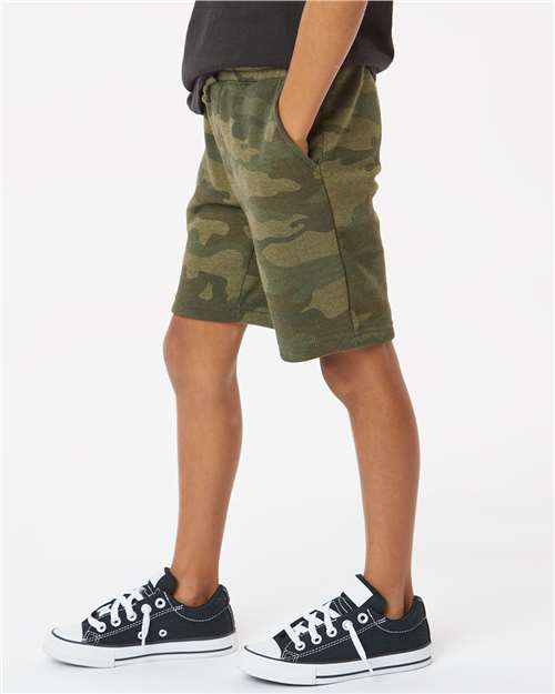Independent Trading Co. PRM16SRT Youth Lightweight Special Blend Fleece Shorts - Forest Camo Heather - model side