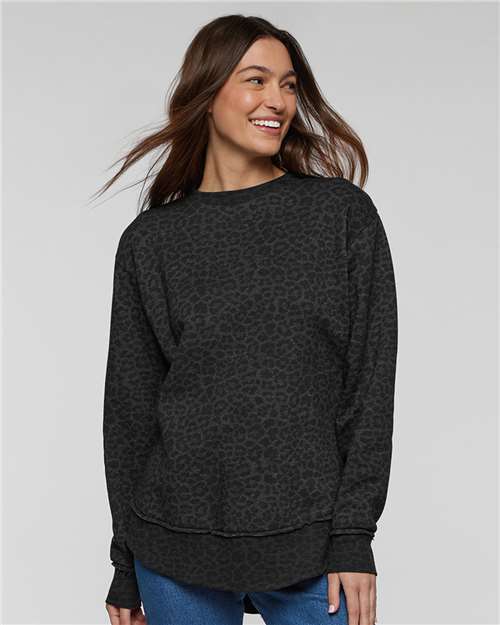 LAT 3525 Women's Weekend Crewneck Sweatshirt - Black Leopard - model front