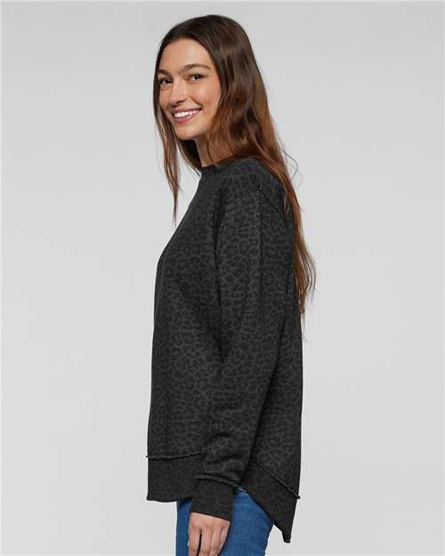LAT 3525 Women's Weekend Crewneck Sweatshirt - Black Leopard - model side