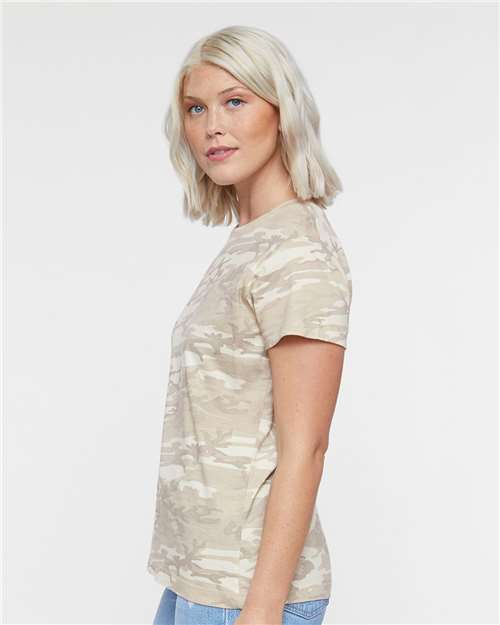 LAT 3516 Women's Fine Jersey Tee - Natural Camo - model side