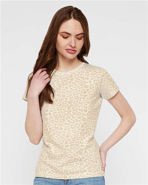 LAT 3516 Women's Fine Jersey Tee - Natural Leopard - model front