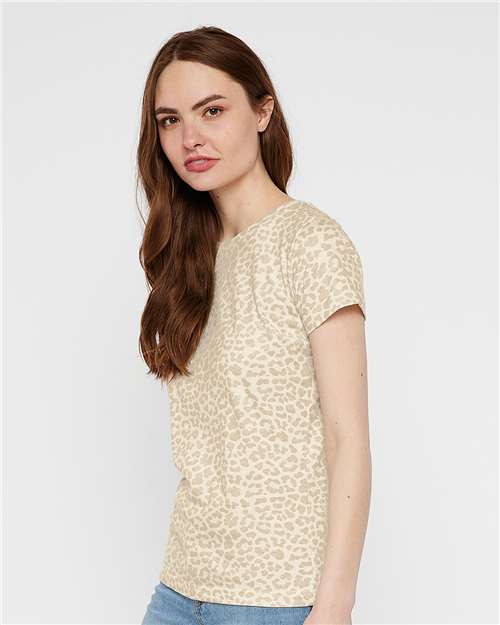 LAT 3516 Women's Fine Jersey Tee - Natural Leopard - model side