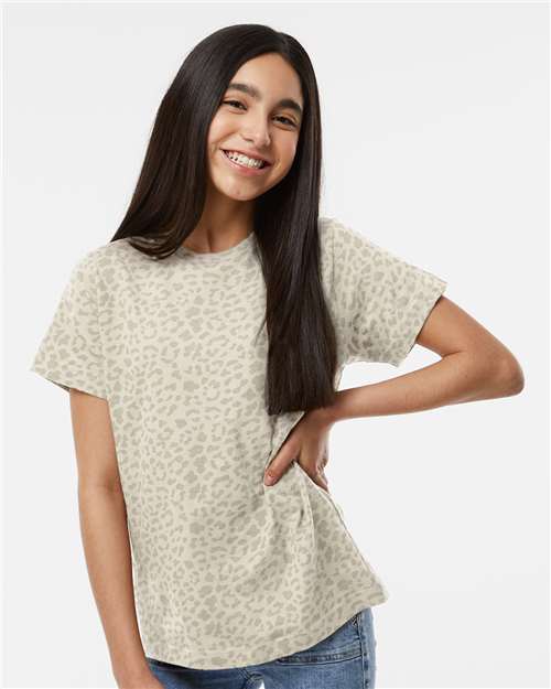 LAT 6101 Youth Fine Jersey Tee - Natural Leopard - model front