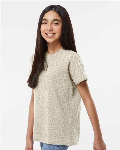 LAT 6101 Youth Fine Jersey Tee - Natural Leopard - model side