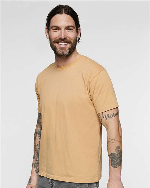 LAT 6901 Unisex Fine Jersey Tee - Latte - model side
