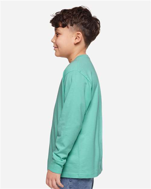 LAT 6201 Youth Fine Jersey Long Sleeve Tee - Saltwater - model side