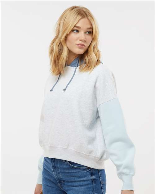 MV Sport W23716 Women's Sueded Fleece Colorblocked Crop Hooded Sweatshirt - Arctic Blue - model side