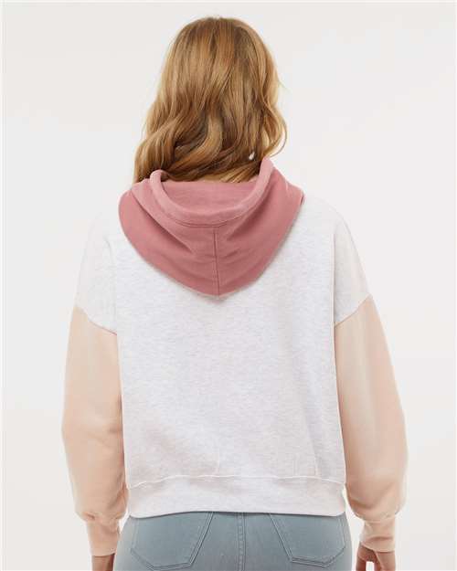 MV Sport W23716 Women's Sueded Fleece Colorblocked Crop Hooded Sweatshirt - Cameo Pink - model back