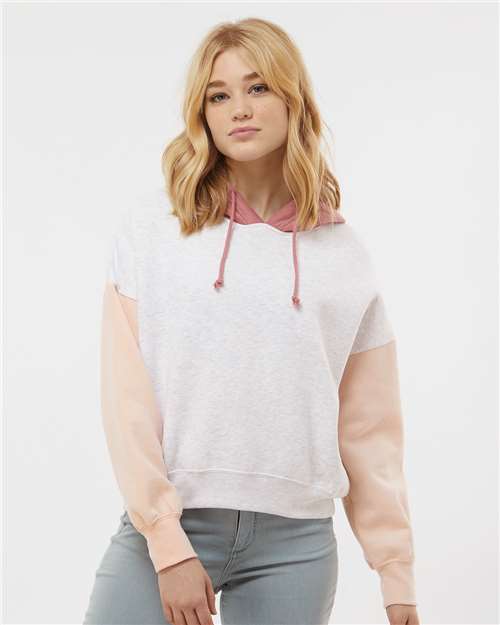 MV Sport W23716 Women's Sueded Fleece Colorblocked Crop Hooded Sweatshirt - Cameo Pink - model front