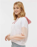 MV Sport W23716 Women's Sueded Fleece Colorblocked Crop Hooded Sweatshirt - Cameo Pink - model side
