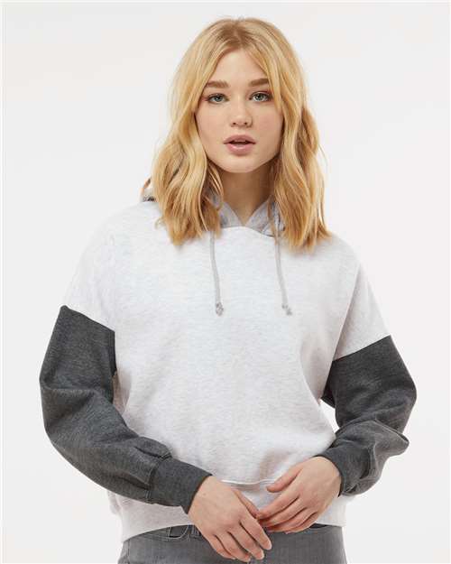 MV Sport W23716 Women's Sueded Fleece Colorblocked Crop Hooded Sweatshirt - Charcoal - model front