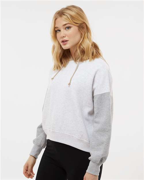 MV Sport W23716 Women's Sueded Fleece Colorblocked Crop Hooded Sweatshirt - Heather - model side