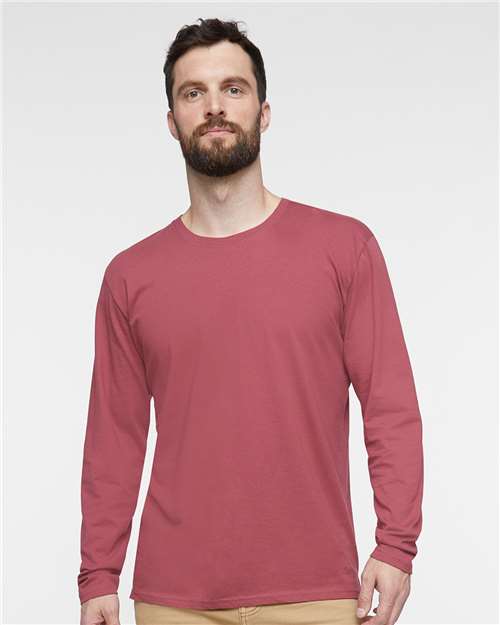 LAT 6918 Unisex Fine Jersey Long Sleeve Tee - Rouge - model front