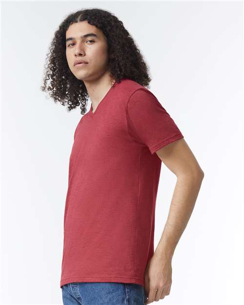 American Apparel 2006CVC Unisex CVC V-Neck Tee - Heather Cardinal - model side