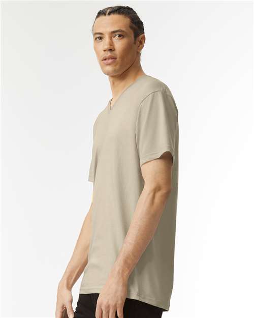 American Apparel 2006CVC Unisex CVC V-Neck Tee - Heather Khaki - model side