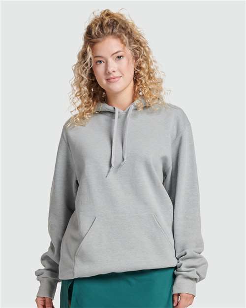 Jerzees 700MR Unisex Eco Premium Blend Ring-Spun Hooded Sweatshirt - Frost Grey Heather - model front