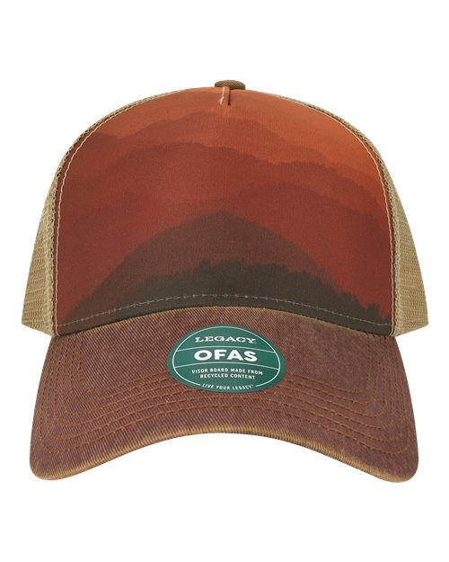 LEGACY OFAFP Old Favorite Five-Panel Trucker Cap - Mt Sunset/ Maroon/ Khaki - front