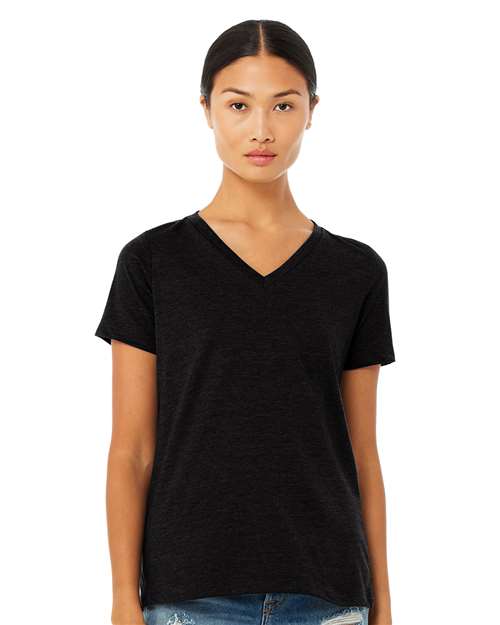BELLA + CANVAS 6405CVC Women's Relaxed Heather CVC V-Neck Tee - Solid Black Blend - model front