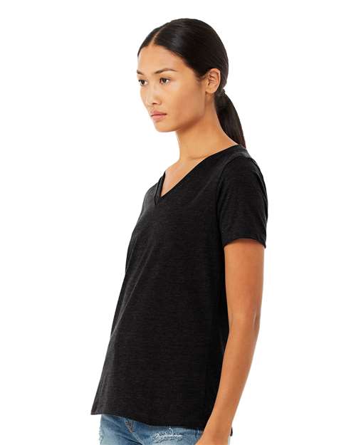 BELLA + CANVAS 6405CVC Women's Relaxed Heather CVC V-Neck Tee - Solid Black Blend - model side