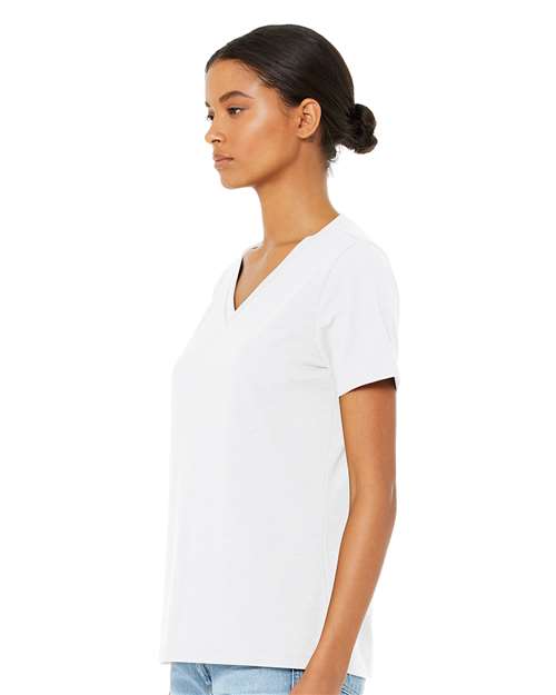 BELLA + CANVAS 6405CVC Women's Relaxed Heather CVC V-Neck Tee - Solid White Blend - model side
