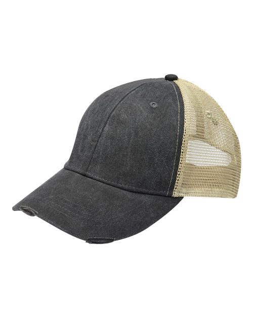 Adams Headwear OL102 Ollie Distressed Trucker Cap - Black/ Tan - front