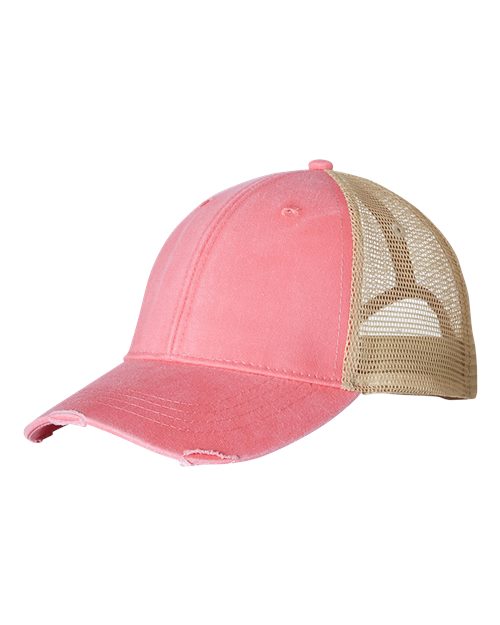 Adams Headwear OL102 Ollie Distressed Trucker Cap - Coral/ Tan - front