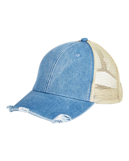 Adams Headwear OL102 Ollie Distressed Trucker Cap - Light Denim/ Tan - front