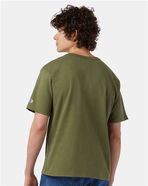 Champion T105 Unisex Heritage Jersey T-Shirt - Fresh Olive - model back