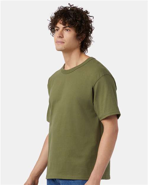 Champion T105 Unisex Heritage Jersey T-Shirt - Fresh Olive - model side