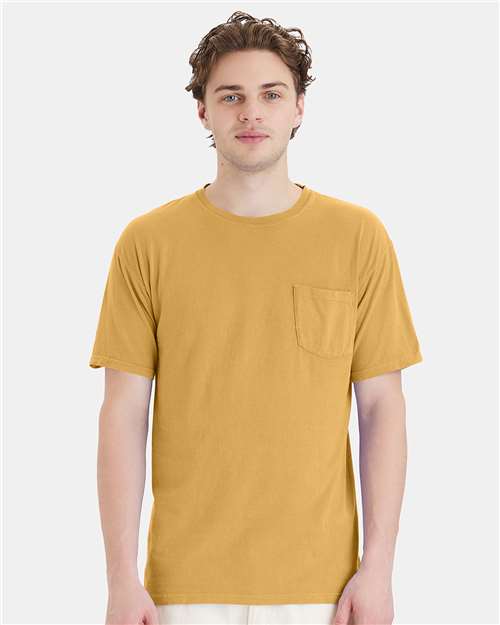 Hanes GDH150 Unisex Garment-Dyed Pocket T-Shirt - Artisan Gold - model front