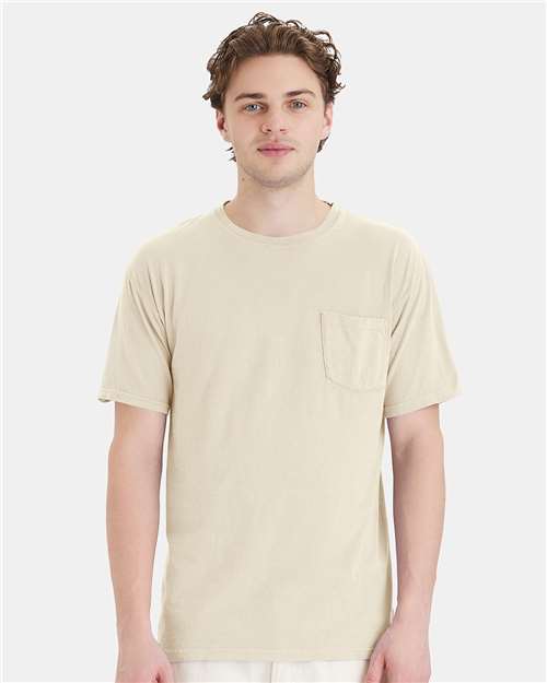 Hanes GDH150 Unisex Garment-Dyed Pocket T-Shirt - Parchment - model front