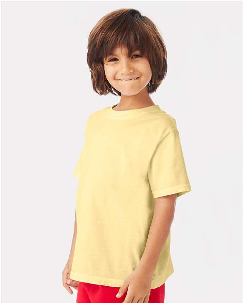 Hanes GDH175 Youth Garment-Dyed T-Shirt - Summer Squash Yellow - model side