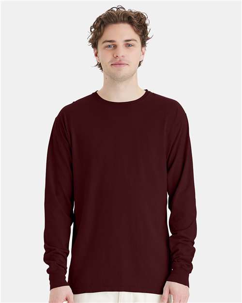 Hanes GDH200 Unisex Garment-Dyed Long Sleeve T-Shirt - Maroon - model front