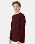 Hanes GDH200 Unisex Garment-Dyed Long Sleeve T-Shirt - Maroon - model side