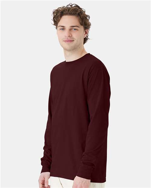Hanes GDH200 Unisex Garment-Dyed Long Sleeve T-Shirt - Maroon - model side