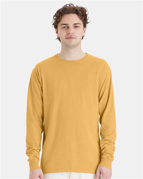 Hanes GDH200 Unisex Garment-Dyed Long Sleeve T-Shirt - Artisan Gold - model front