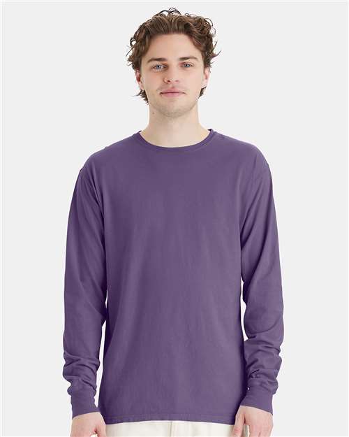 Hanes GDH200 Unisex Garment-Dyed Long Sleeve T-Shirt - Grape Soda - model front