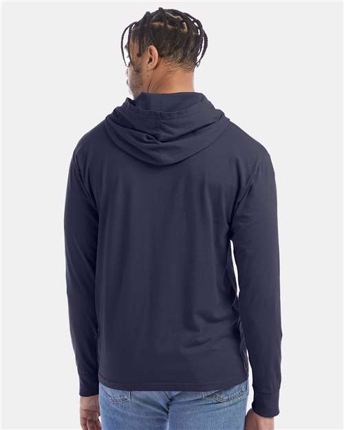 Hanes GDH280 Unisex Garment-Dyed Jersey Hooded Long Sleeve T-Shirt - Anchor Slate - model back