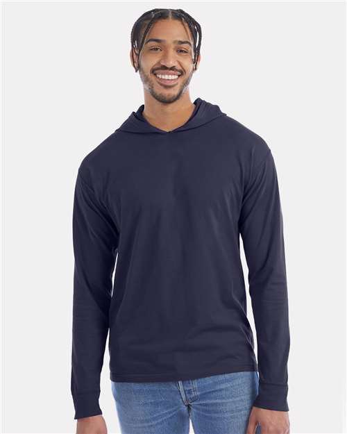 Hanes GDH280 Unisex Garment-Dyed Jersey Hooded Long Sleeve T-Shirt - Anchor Slate - model front