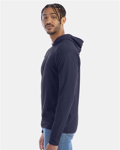 Hanes GDH280 Unisex Garment-Dyed Jersey Hooded Long Sleeve T-Shirt - Anchor Slate - model side