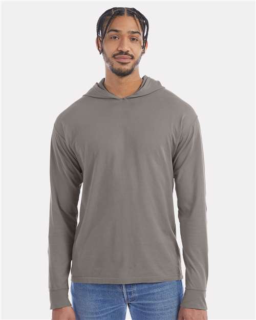 Hanes GDH280 Unisex Garment-Dyed Jersey Hooded Long Sleeve T-Shirt - Concrete Grey - model front