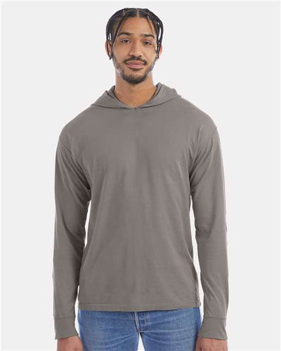 Hanes GDH280 Unisex Garment-Dyed Jersey Hooded Long Sleeve T-Shirt - Concrete Grey - model front