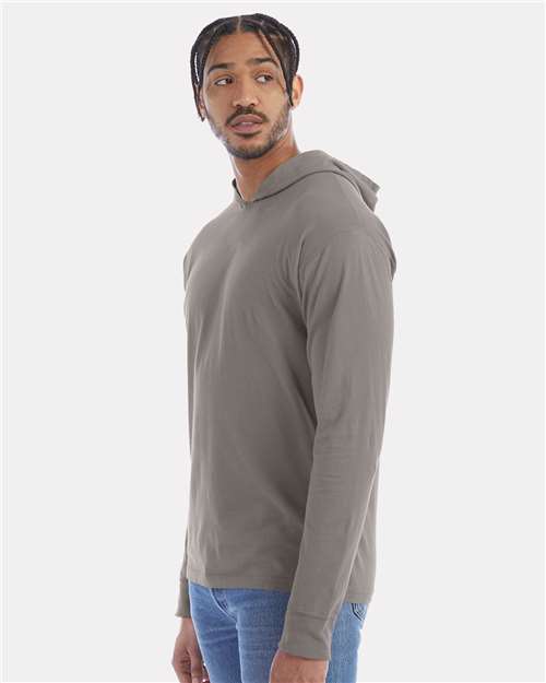 Hanes GDH280 Unisex Garment-Dyed Jersey Hooded Long Sleeve T-Shirt - Concrete Grey - model side