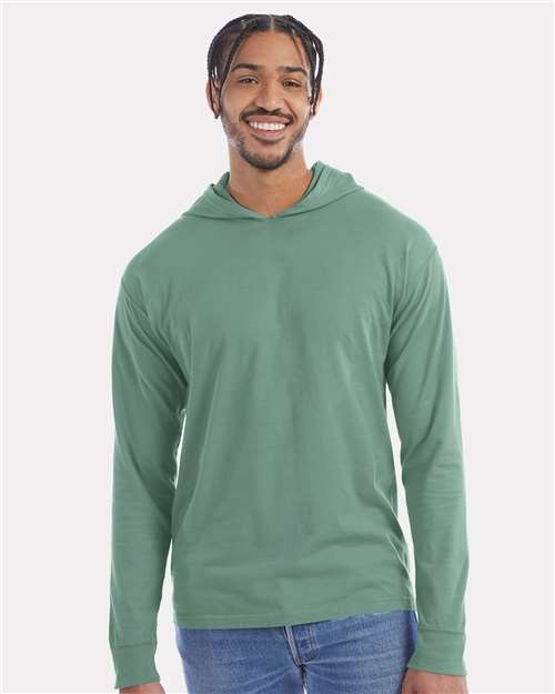 Hanes GDH280 Unisex Garment-Dyed Jersey Hooded Long Sleeve T-Shirt - Cypress Green - model front