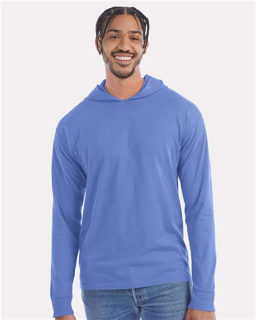 Hanes GDH280 Unisex Garment-Dyed Jersey Hooded Long Sleeve T-Shirt - Deep Forte Blue - model front
