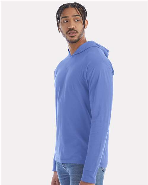 Hanes GDH280 Unisex Garment-Dyed Jersey Hooded Long Sleeve T-Shirt - Deep Forte Blue - model side