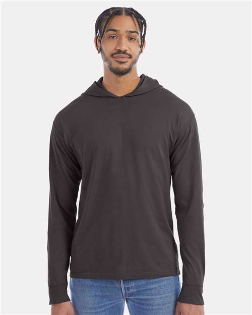 Hanes GDH280 Unisex Garment-Dyed Jersey Hooded Long Sleeve T-Shirt - New Railroad Grey - model front